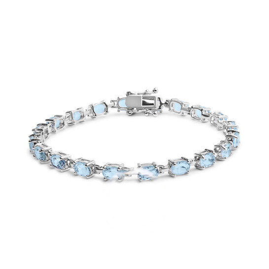 Original Haus of Brilliance .925 Sterling Silver 11.0 Cttw Oval Shaped Created Light Blue Topaz Link Bracelet - 7 inch