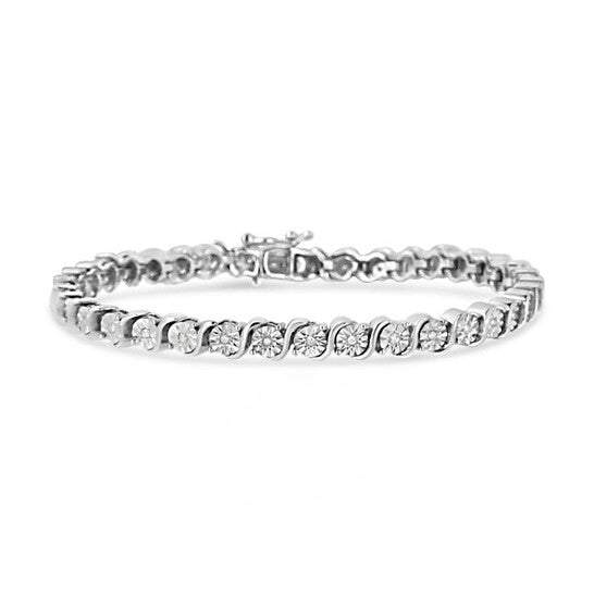 Original Haus of Brilliance .925 Sterling Silver 1/4 Cttw Miracle-Set Diamond Round Miracle Plate "S" Link Tennis Bracelet  - 7"