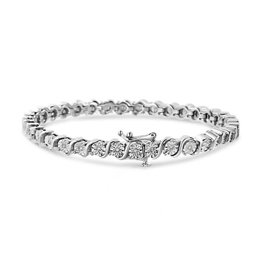 Original Haus of Brilliance .925 Sterling Silver 1/4 Cttw Miracle-Set Diamond Round Miracle Plate "S" Link Tennis Bracelet  - 7"