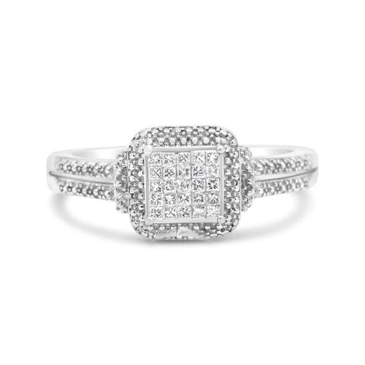 Original Haus of Brilliance .925 Sterling Silver 1/4 Cttw Princess-cut Diamond Composite Ring with Beaded Halo (H-I Color, SI1-SI2 Clarity)