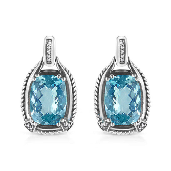 Original Haus of Brilliance .925 Sterling Silver 14x10MM Cushion Cut Blue Topaz Gemstone and Diamond Accent Dangle Earring