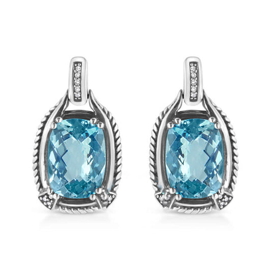 Original Haus of Brilliance .925 Sterling Silver 14x10MM Cushion Cut Blue Topaz Gemstone and Diamond Accent Dangle Earring