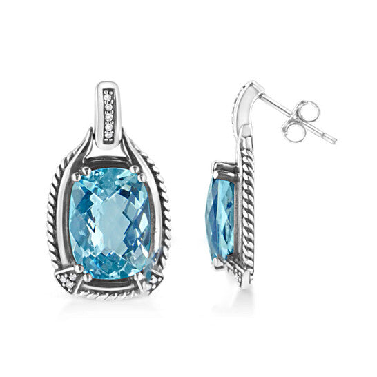 Original Haus of Brilliance .925 Sterling Silver 14x10MM Cushion Cut Blue Topaz Gemstone and Diamond Accent Dangle Earring