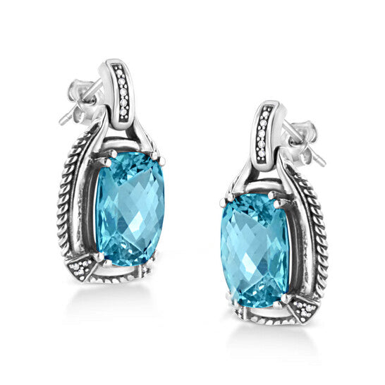 Original Haus of Brilliance .925 Sterling Silver 14x10MM Cushion Cut Blue Topaz Gemstone and Diamond Accent Dangle Earring