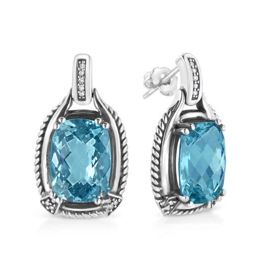 Original Haus of Brilliance .925 Sterling Silver 14x10MM Cushion Cut Blue Topaz Gemstone and Diamond Accent Dangle Earring