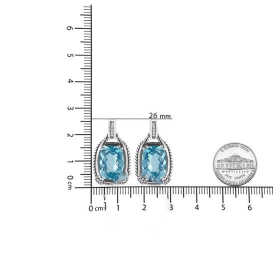 Original Haus of Brilliance .925 Sterling Silver 14x10MM Cushion Cut Blue Topaz Gemstone and Diamond Accent Dangle Earring