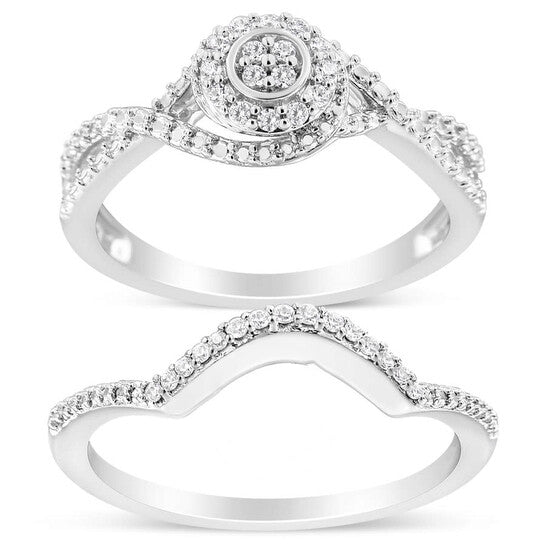 Original Haus of Brilliance .925 Sterling Silver 1/6 Cttw Diamond Composite Halo and Split Shank Bridal Set Ring and Band (I-J Color, I3 Clarity)