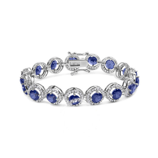 Original Haus of Brilliance .925 Sterling Silver 21.0 Cttw Created Blue Sapphire and White Topaz Halo Link Bracelet - 7.25 inch