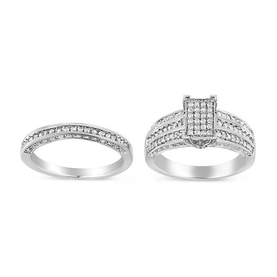 Original Haus of Brilliance .925 Sterling Silver 3/4 Cttw Prong Set Round Diamond Composite Engagement Ring and Band Set