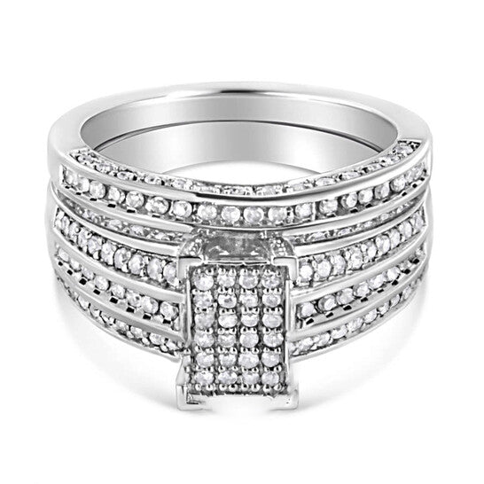 Original Haus of Brilliance .925 Sterling Silver 3/4 Cttw Prong Set Round Diamond Composite Engagement Ring and Band Set