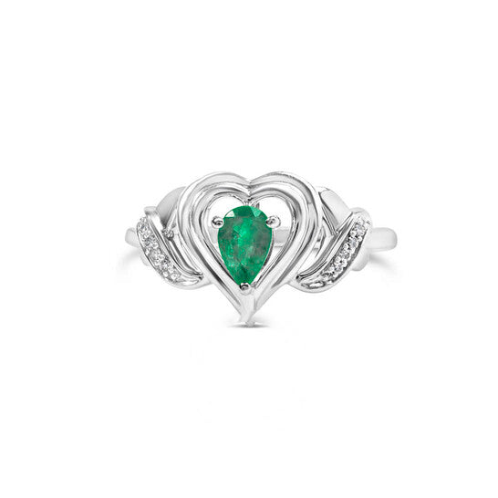 Original Haus of Brilliance .925 Sterling Silver 6x4mm Pear Emerald Gemstone with Diamond Accent Heart Promise Ring (H-I Color, SI1-SI2 Clarity)