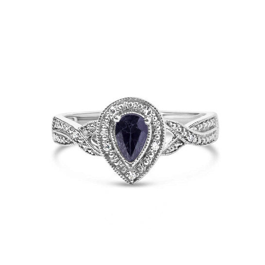 Original Haus of Brilliance .925 Sterling Silver 6x4mm Pear Sapphire Gemstone with Diamond Accent Fashion Halo Ring (H-I Color, SI1-SI2 Clarity)