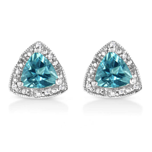 Original Haus of Brilliance .925 Sterling Silver 6x6 mm Trillion Cut Blue Topaz Gemstone and Diamond Accent Stud Earring (I-J Color, I1-I2 Clarity)