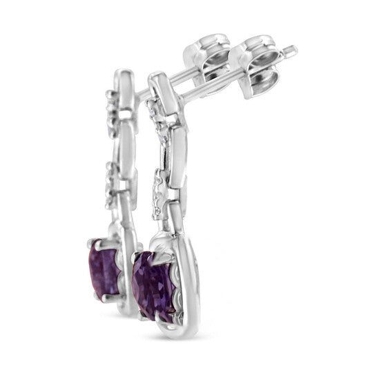 Original Haus of Brilliance .925 Sterling Silver 6x6MM Cushion Shaped Natural Purple Amethyst, Accent Drop and Dangle Earrings