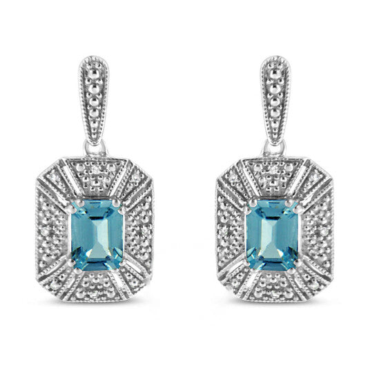 Original Haus of Brilliance .925 Sterling Silver 7x5MM Emerald Shape Blue Topaz Accent Art Deco Halo Style Drop and Dangle Earring