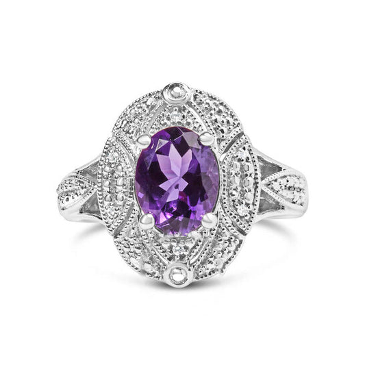 Original Haus of Brilliance .925 Sterling Silver 9x7mm Oval Purple Amethyst and Diamond Accent Art Deco Style Cocktail Ring (I-J Color, I1-I2 Clarity)