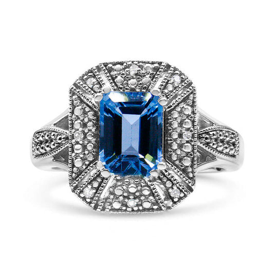 Original Haus of Brilliance .925 Sterling Silver Diamond Accent and 8X6 mm Emerald-Shape Blue Topaz Ring (I-J Color, I2-I3 Clarity)