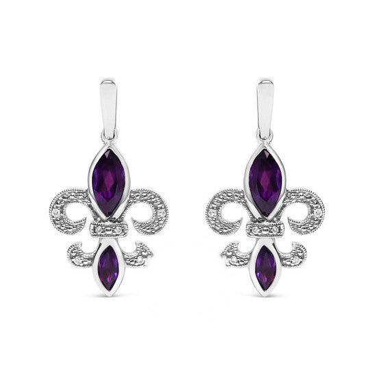 Original Haus of Brilliance .925 Sterling Silver Marquise Cut Amethyst and Diamond Accent Fleur De Lis Dangle Stud Earrings (H-I Color, SI1-SI2 Clarity)