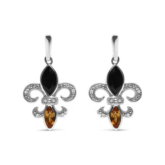 Original Haus of Brilliance .925 Sterling Silver Marquise Cut Onyx and Citrine with Diamond Accent Fleur De Lis Drop Stud Earrings (H-I Color, SI1-SI2 Clarity)