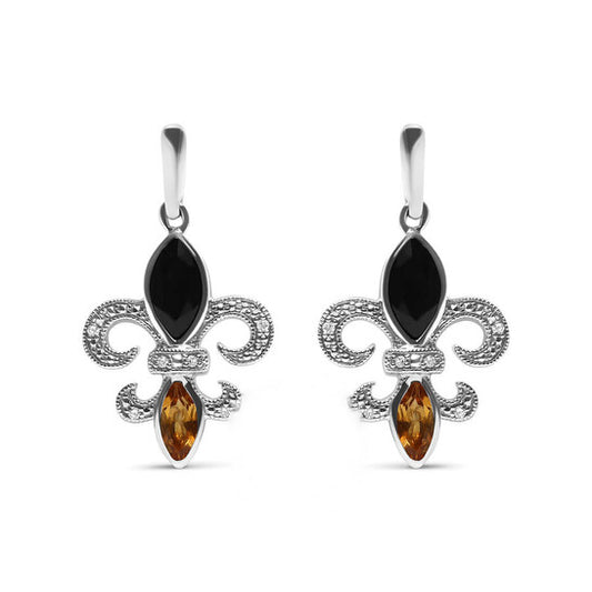 Original Haus of Brilliance .925 Sterling Silver Marquise Cut Onyx and Citrine with Diamond Accent Fleur De Lis Drop Stud Earrings (H-I Color, SI1-SI2 Clarity)