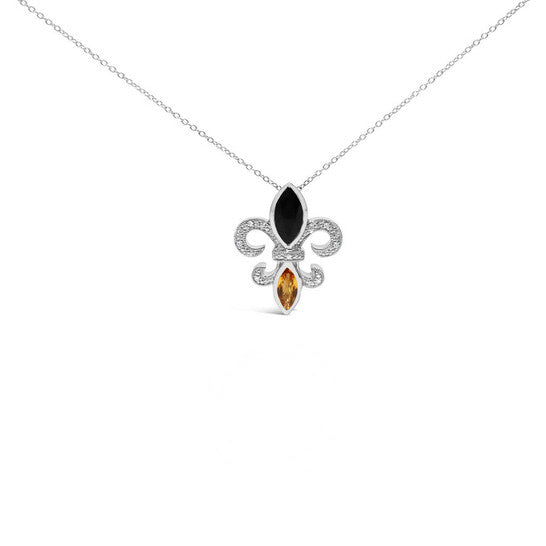 Original Haus of Brilliance .925 Sterling Silver Marquise Onyx and Citrine and Diamond Accent Fleur De Lis Pendant Necklace (H-I Color, SI1-SI2 Clarity)