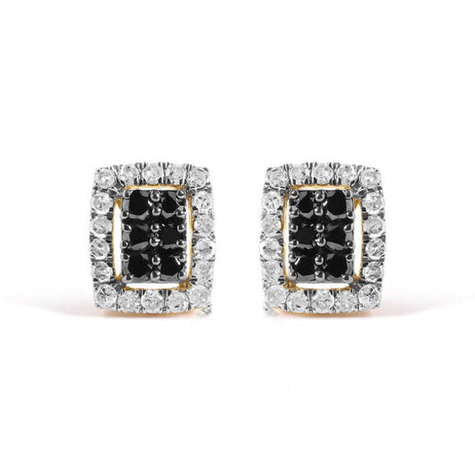 Original Haus of Brilliance Men's 10K Yellow Gold 1.00 Cttw White and Black Diamond Emerald Shape Halo Stud Earring (Black / I-J Color, I2-I3 Clarity)