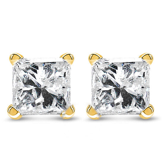 Original IGI Certified 14k Yellow Gold 1/2 cttw 4-Prong Set Princess-Cut Solitaire Diamond Push Back Stud Earrings (L-M Color, I1-I2 Clarity)