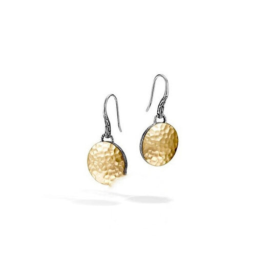 Original John Hardy Dot Silver & Round Hammered 18K Yellow Gold Drop Earrings - 33.5mm long