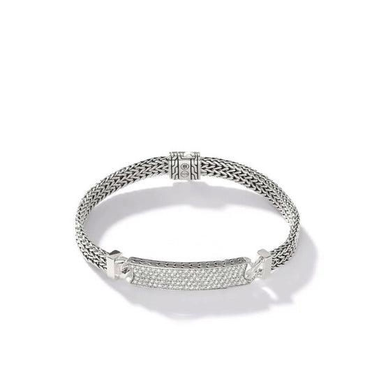 Original John Hardy Rata Diamond Station Sterling Silver Bracelet with Pusher Clasp | 6mm SIze Medium - BUP9007272DIXUM