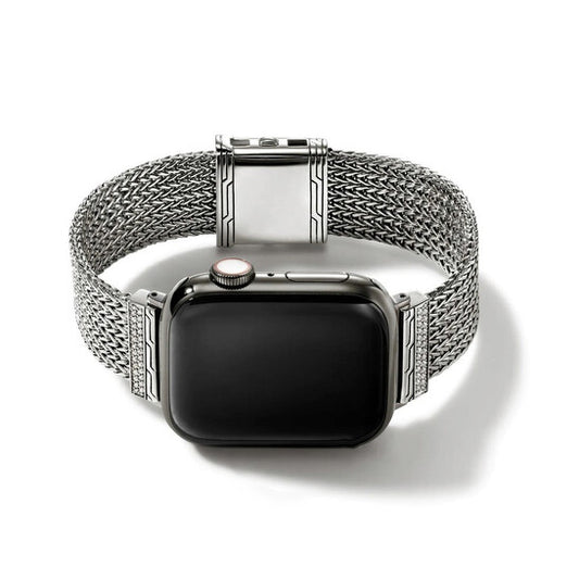 Original John Hardy Smart Watch Strap with Diamonds 40MM-45MM Apple Watch faces, Sterling Silver, 18MM Size Medium