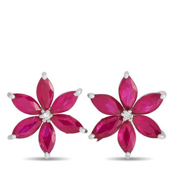 Original LB Exclusive 14K White Gold 0.01ct Diamond and Ruby Flower Earrings ER4 15657WRU