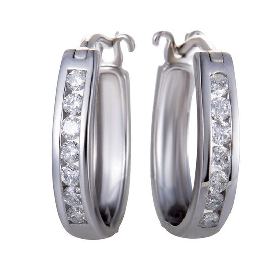 Original LB Exclusive 14K White Gold Oval Channel Set Diamond Hoop Huggies Earrings .33 Carat  0.33 ctw  Diamonds