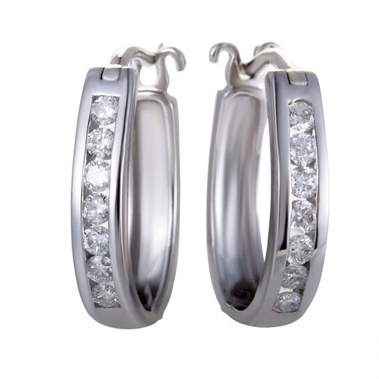 Original LB Exclusive 14K White Gold Oval Channel Set Diamond Hoop Huggies Earrings .33 Carat  0.33 ctw  Diamonds