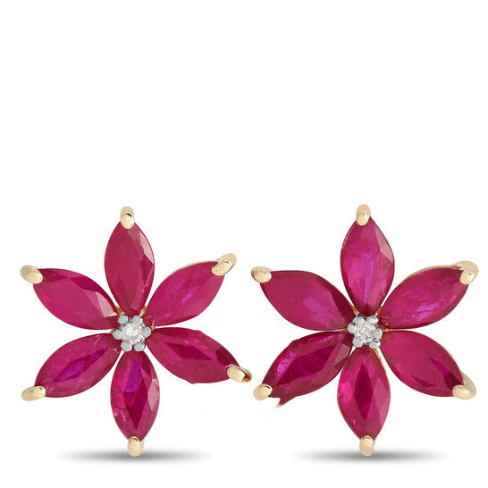 Original LB Exclusive 14K Yellow Gold 0.01ct Diamond and Ruby Flower Earrings ER4 15657YRU