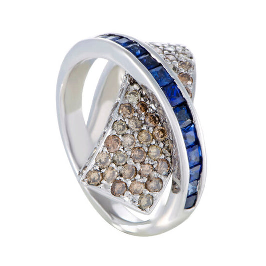 Original LB Exclusive 18K White Gold Brown Diamond and Sapphire Criss Cross Ring