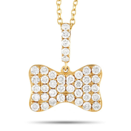 Original LB Exclusive 18K Yellow Gold 0.80 ct Pave Diamond Bow Pendant Necklace