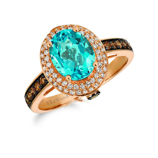 Original Le Vian Chocolatier Ring Blue Topaz, Chocolate Diamonds, Vanilla Diamonds set in 14K Strawberry Gold Ring Size 7 LJKR416BTBDD