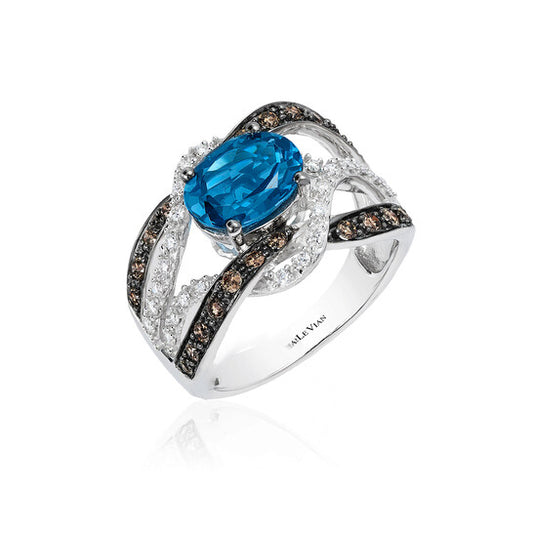 Original Le Vian Chocolatier Ring Deep Sea Blue Topaz, Chocolate Diamonds, Vanilla Diamonds set in 14K Vanilla Gold Ring Size 7 34747