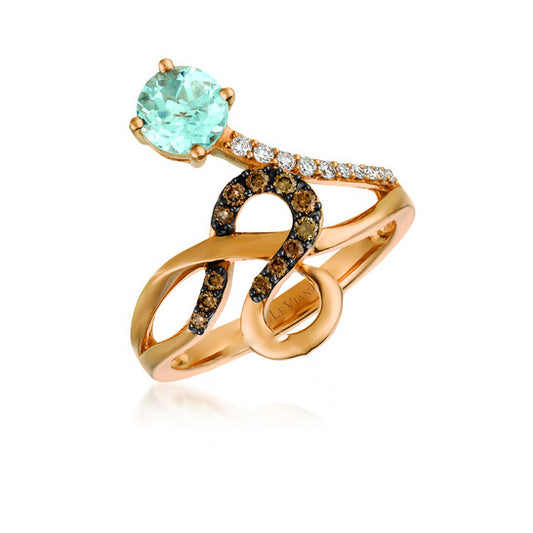 Original Le Vian Chocolatier Ring Sea Blue Aquamarine, Chocolate Diamonds, Vanilla Diamonds set in 14K Strawberry Gold Ring Size 7 65323