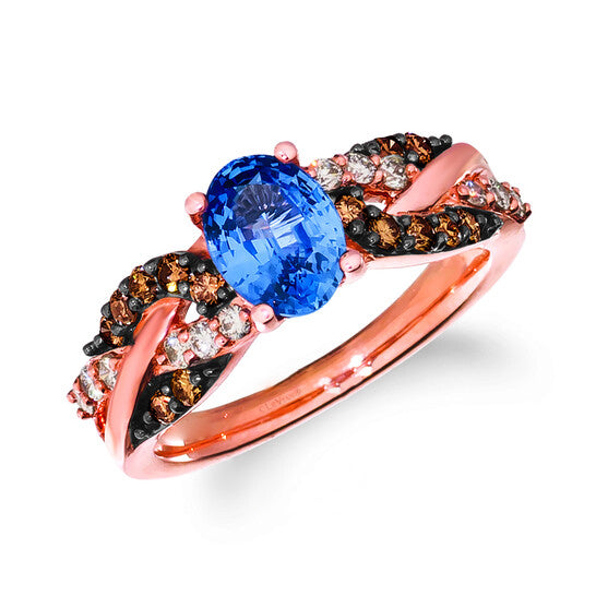 Original Le Vian Creme Brulee Ring Cornflower Ceylon Sapphire, Chocolate Diamonds, Nude Diamonds set in 14K Strawberry Gold Ring Size 7 R6208S/DB/C2