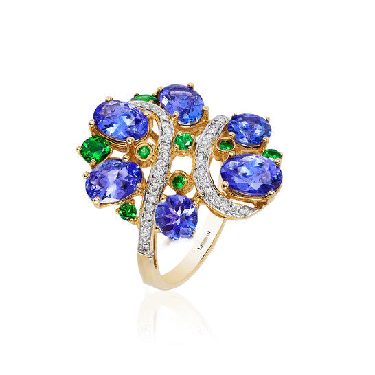 Original Le Vian Ring Blueberry Tanzanite, Forest Green Tsavorite, Vanilla Diamonds set in 14K Honey Gold Ring Size 7 KJAWR0517TZTSDI