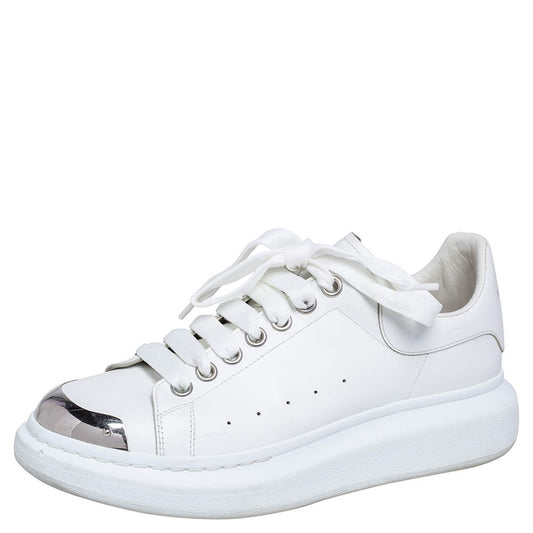 Original Alexander McQueen White Leather Oversized Cap Toe Low Top Sneakers Size 40