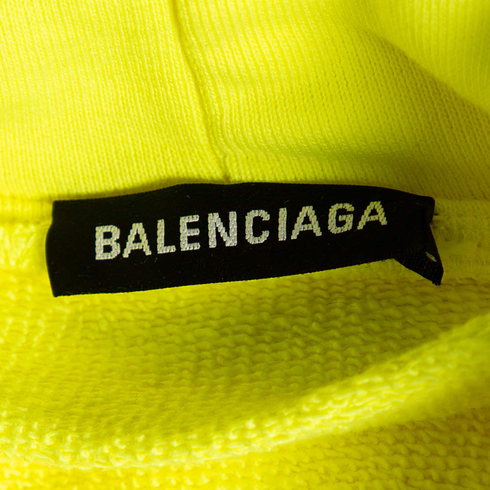 Original Balenciaga Neon Yellow Cotton Logo Printed Oversized Hoodie M