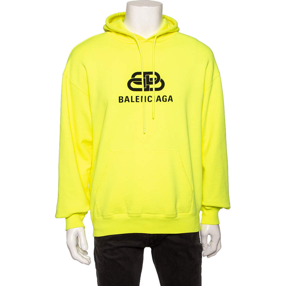 Original Balenciaga Neon Yellow Cotton Logo Printed Oversized Hoodie M