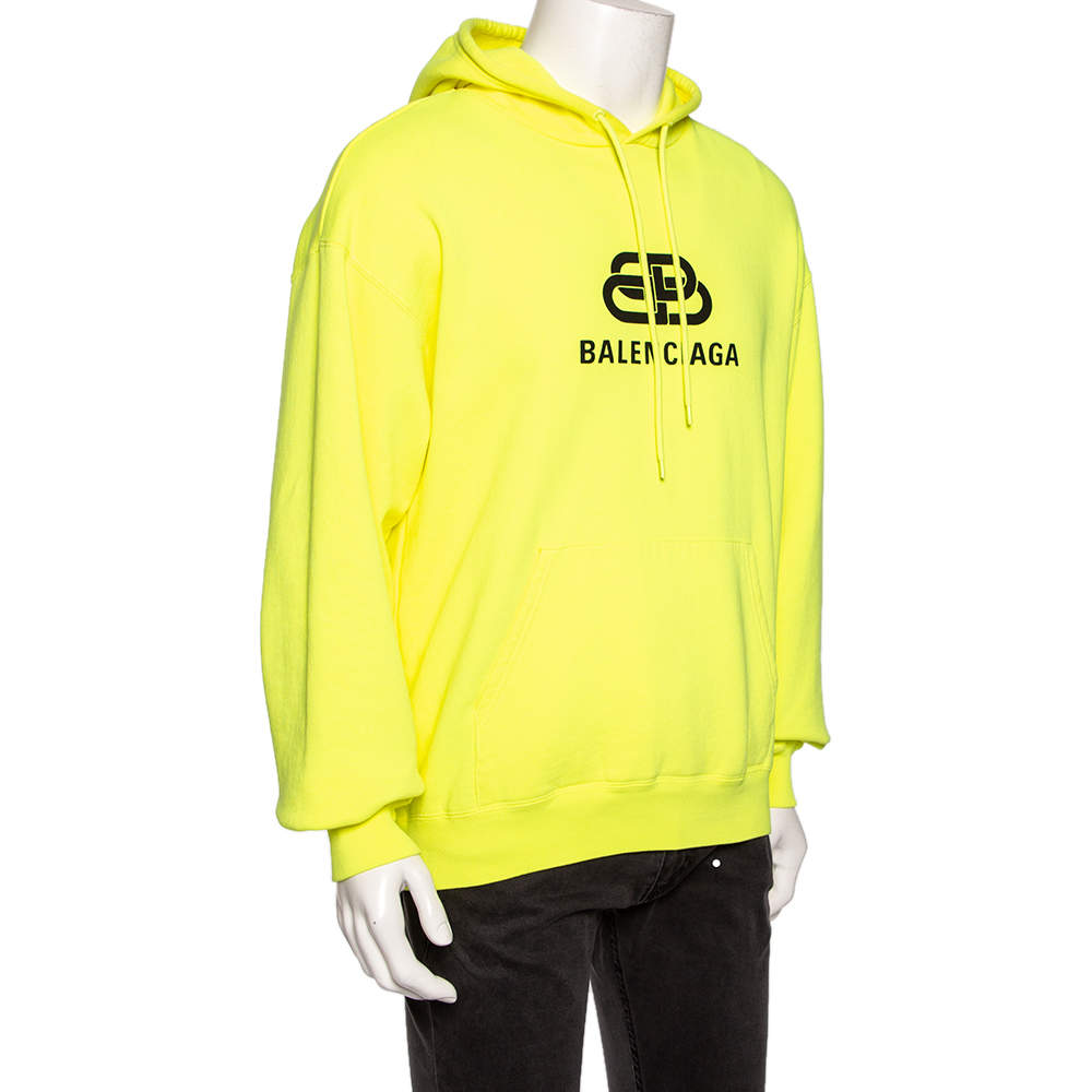 Original Balenciaga Neon Yellow Cotton Logo Printed Oversized Hoodie M