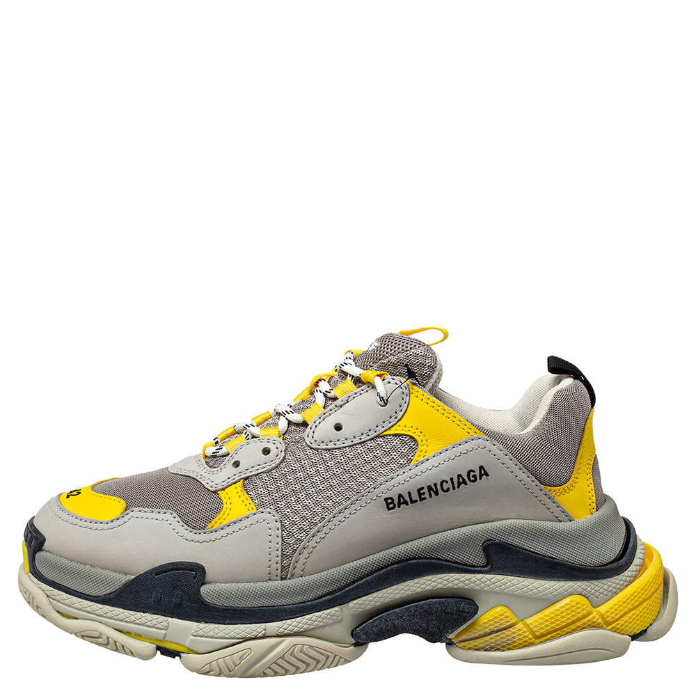 Original Balenciaga Grey/Yellow Nubuck, Leather And Mesh Triple S Trainer Sneakers Size 42