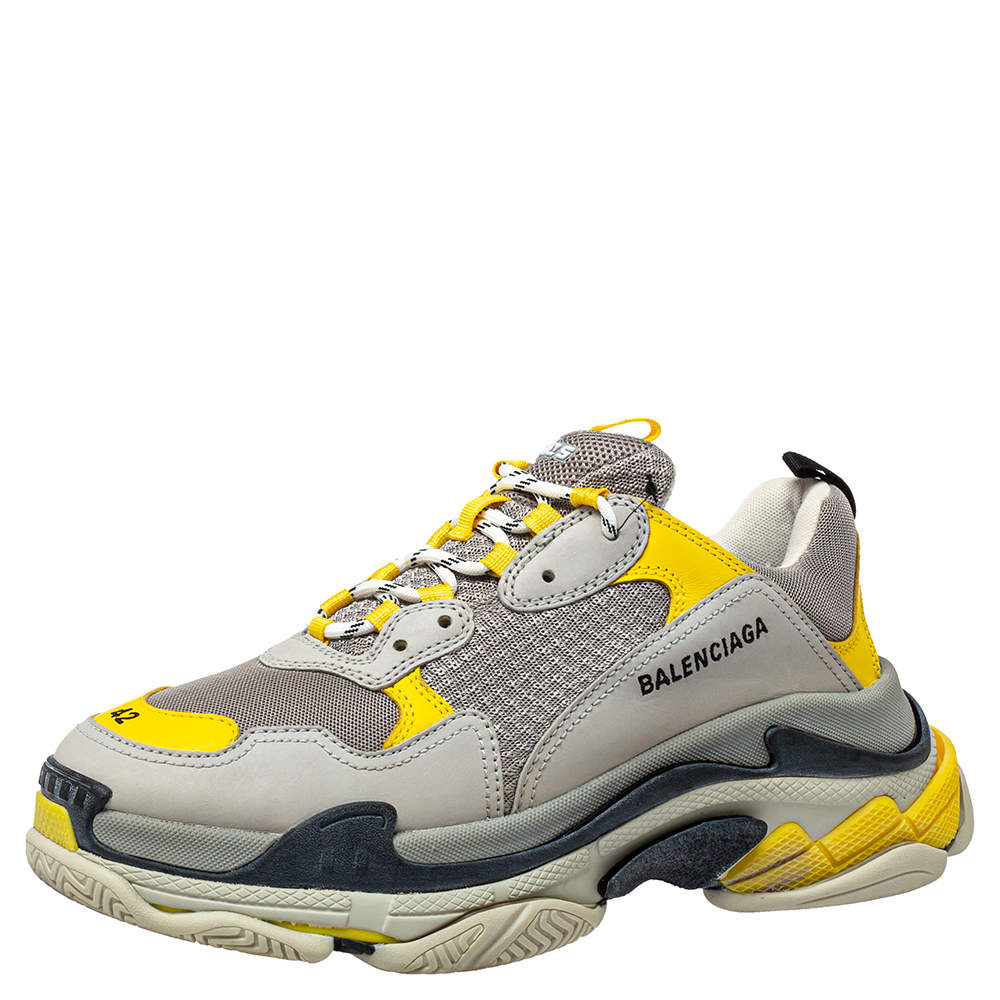 Original Balenciaga Grey/Yellow Nubuck, Leather And Mesh Triple S Trainer Sneakers Size 42