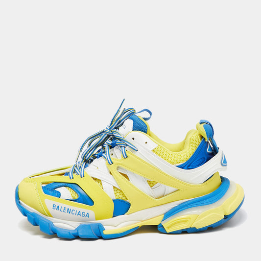 Original Balenciaga Yellow/Blue Mesh and Leather Track Low-Top Sneakers Size 40