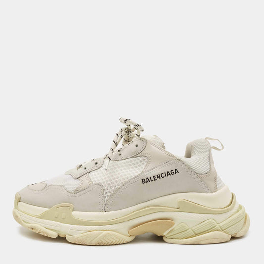 Original Balenciaga White/Grey Leather and Mesh Triple S Sneakers Size 44