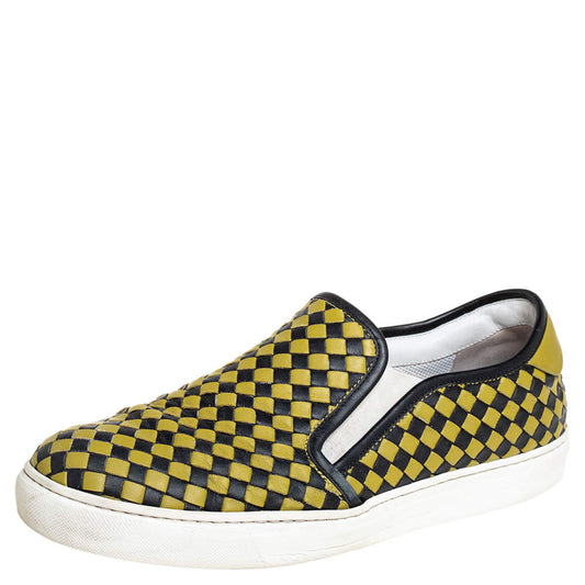 Original Bottega Veneta Yellow/Black Intrecciato Leather Slip On Sneakers Size 43